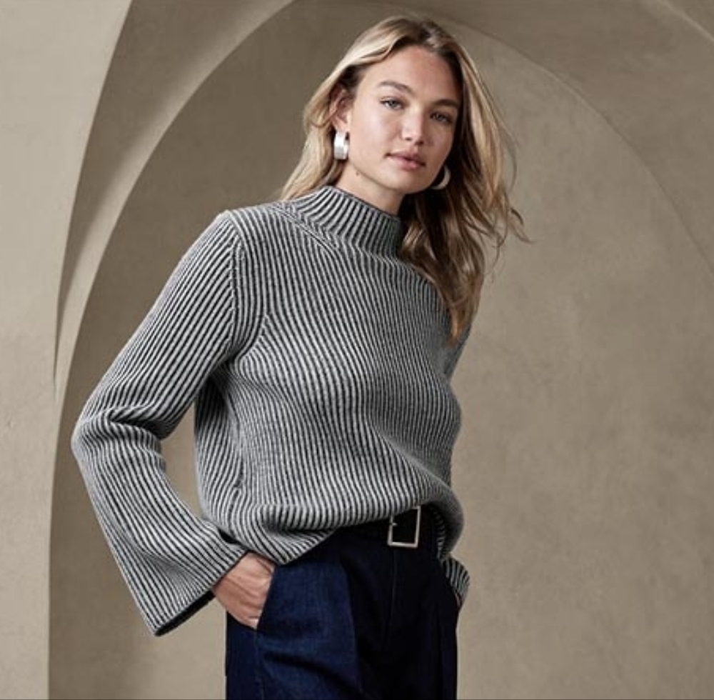 Banana Republic 100%Wool Gray Women's Boxy  Oversized Boxy Ribbed Sweater L
